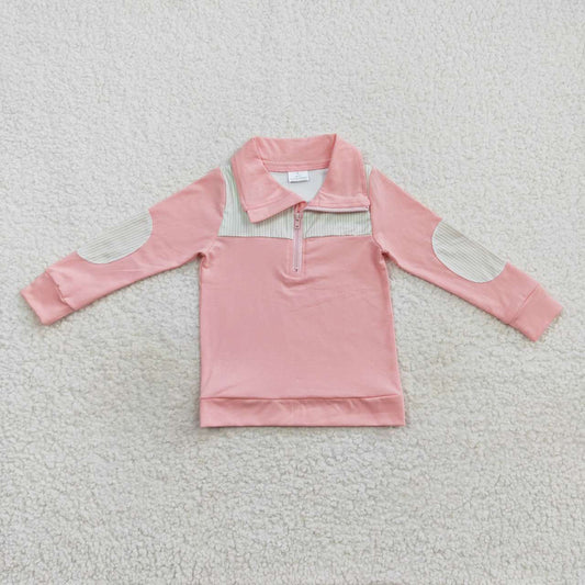 BT0288 Kids Green Stripes Long Sleeve Elbow Pink Pullover Zipper Tee Shirt Top