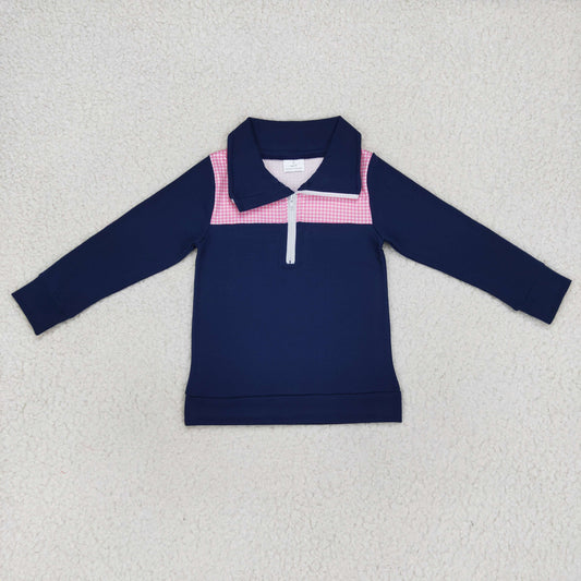 BT0290 Boys Pink Plaid Long Sleeve Elbow Navy Pullover Zipper Tee Shirt Top