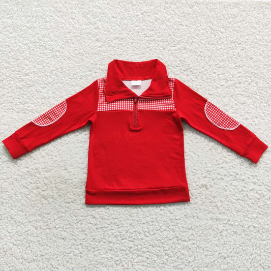 BT0291 Boys Red Plaid Long Sleeve Elbow Red Pullover Zipper Tee Shirt Top