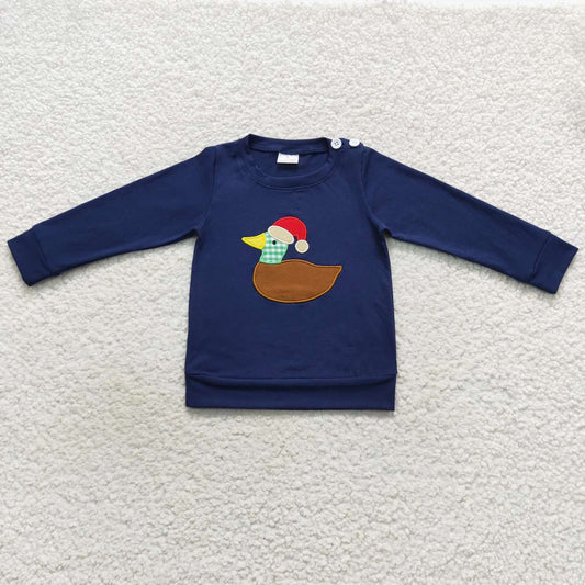 BT0297 Christmas duck embroidery print navy color boys tee shirts top