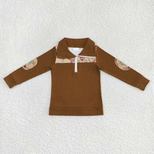 BT0298  Brown highland cow print boys pullover zipper tee shirt top