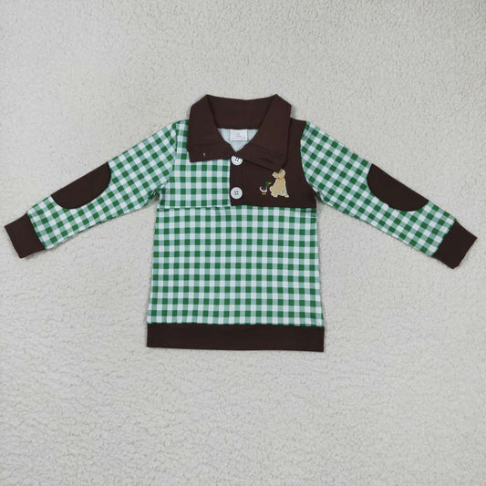 BT0301  Dog Duck Embroidery Green Plaid Print Boys Go Hunting Pullover Button Tee Shirt Top
