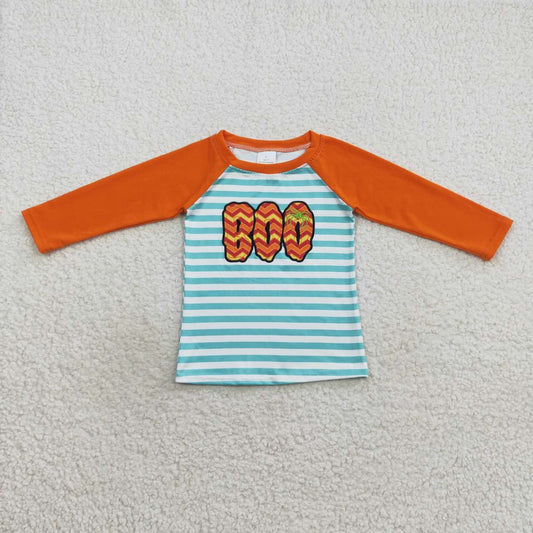 BT0312 Boo embroidery stripes print boys raglan sleeve Halloween tee shirts top