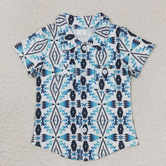BT0316 White blue colors aztec print boys button up western tee shirts top