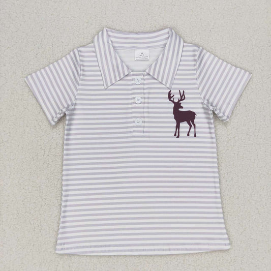 BT0337 Grey stripes deer print boys polo tee shirts top