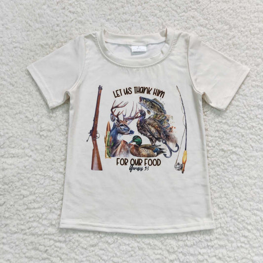 BT0340 Let us thank him for our food shell print boys tee shirts top