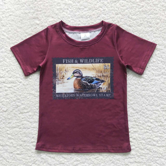 BT0342 Fish & wildlife duck wine print boys tee shirts top