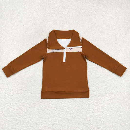 BT0343  Brown duck print boys pullover zipper tee shirt top