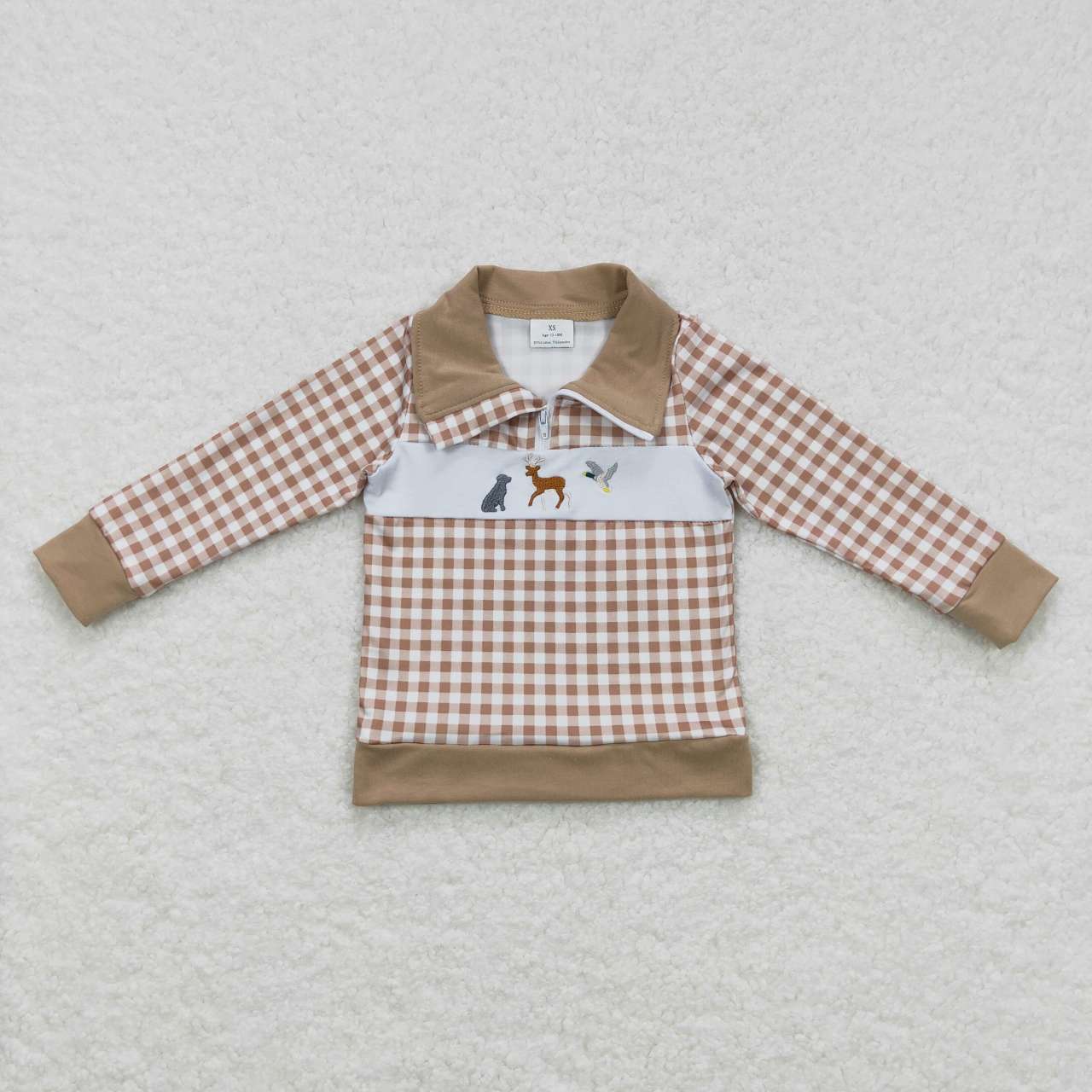 BT0345  Khaki Plaid Dog Dear Duck Embroidery Print Boys Pullover Zipper Tee Shirt Top
