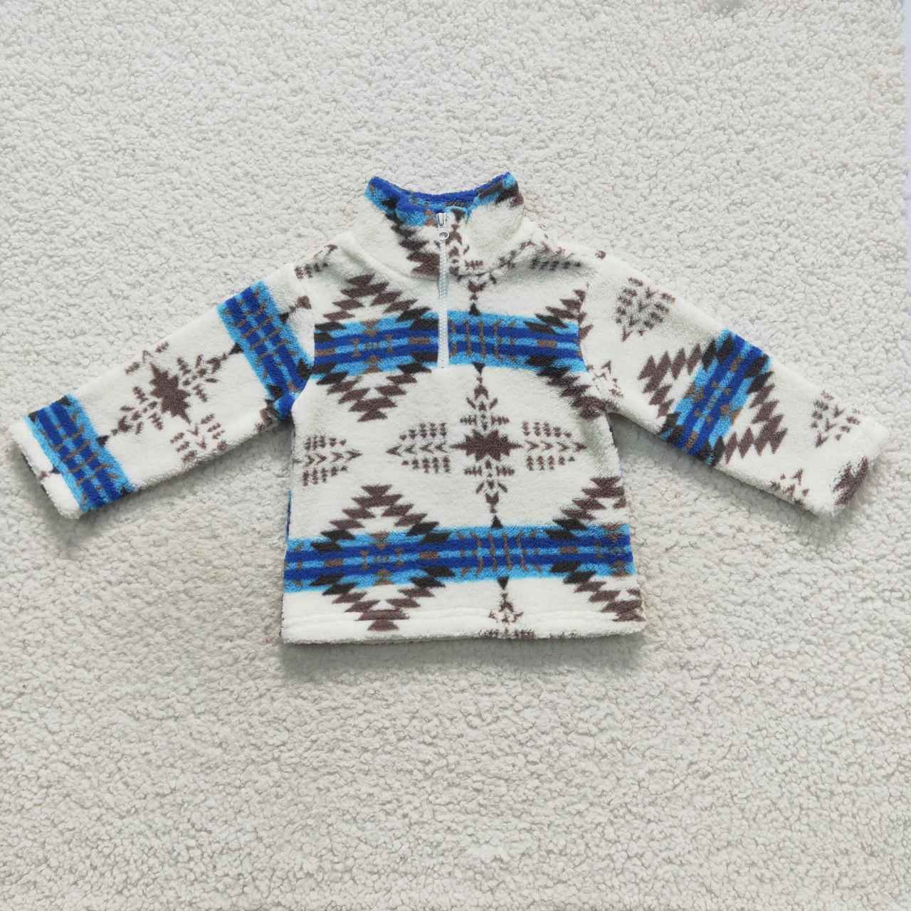 BT0354 Aztec Print Zip Winter Thick Pullover Kids Sherpa Western Top