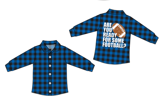 (Pre-order) BT0358 Football Blue Plaid Print Boys Button Tee Shirts Top