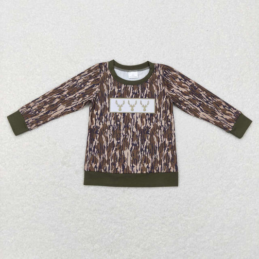 BT0377 Camo Deer Embroidery Print Kids Tee Shirts Top