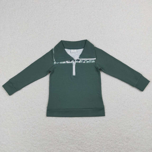 BT0381 Green Camo Dinosaur Print Long Sleeve Zipper Pullover Shirts Top