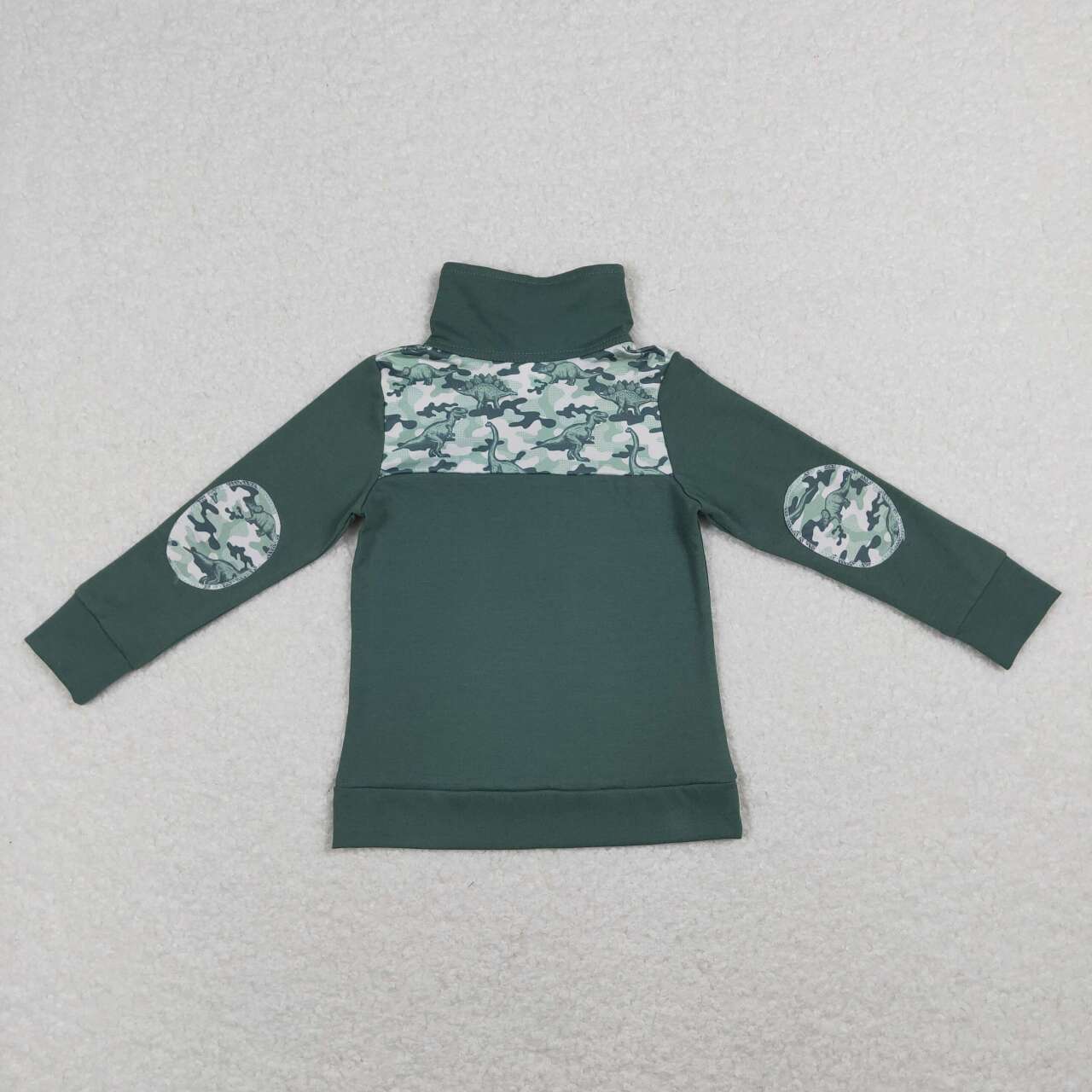 BT0381 Green Camo Dinosaur Print Long Sleeve Zipper Pullover Shirts Top