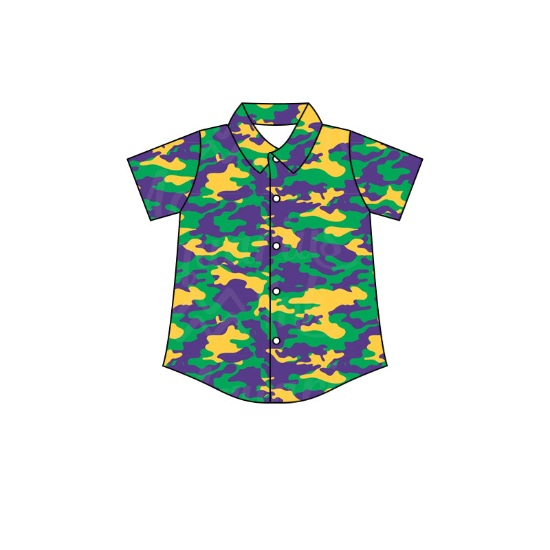 (Pre-order) BT0383 Camo Mardi Gras Boys Button Tee Shirts Top