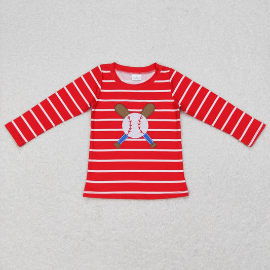 BT0387 Baseball Embroidery Red Stripes Boys Tee Shirts Top