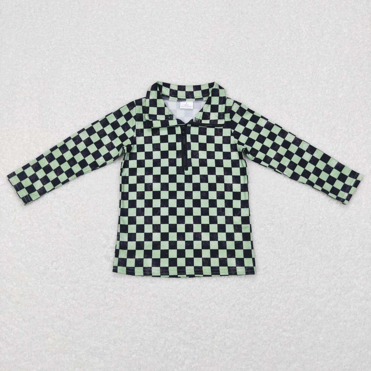 BT0399  Black Green Plaid Print Boys Zipper Tee Shirt Top