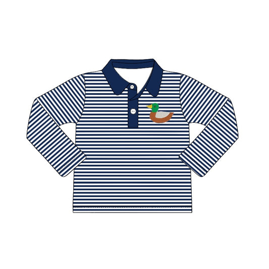 (Pre-order)BT0403  Navy Stripes Duck Print Boys Polo Tee Shirt Top