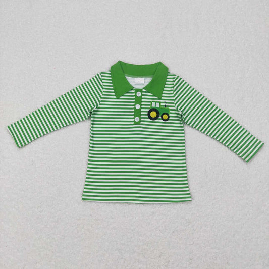 BT0405  Green Stripes Tractors Embroidery Print Boys Polo Tee Shirt Top