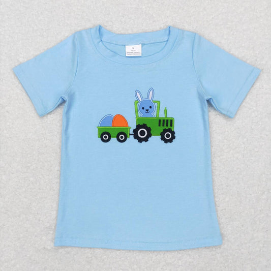 BT0426  Blue Bunny Egg Truck Embroidery Boys Easter Tee Shirt Top
