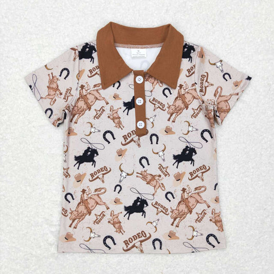 BT0429  Rodeo Print Boys Western Polo Tee Shirt Top