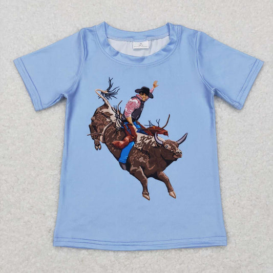BT0435  Blue Rodeo Print Kids Western Tee Shirt Top