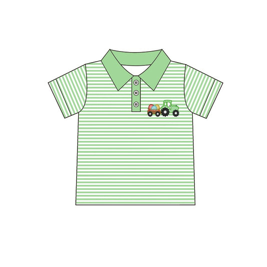 (Pre-order)BT0442  Green Stripes Truck Egg Print Boys Easter Polo Tee Shirt Top