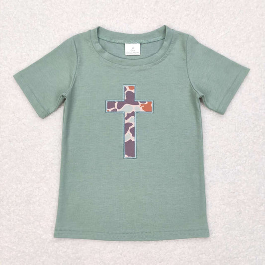 BT0443 Camo Cross Embroidery Print Kids Easter Tee Shirts Top
