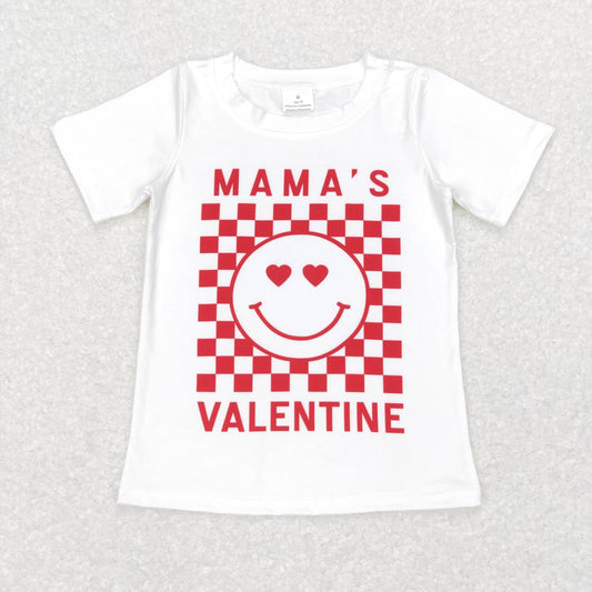 BT0445 Mama's Valentine Red Plaid Smiling Face Kids Tee Shirts Top