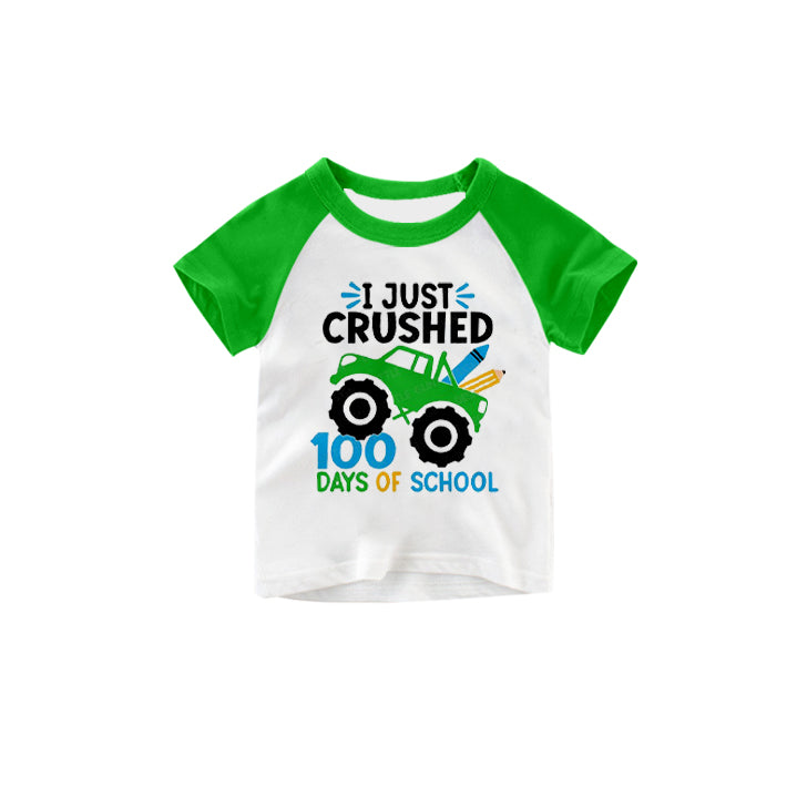 (Pre-order)BT0446  I Just Crushed Truck 100 Days of School Green Print Boys Tee Shirt Top