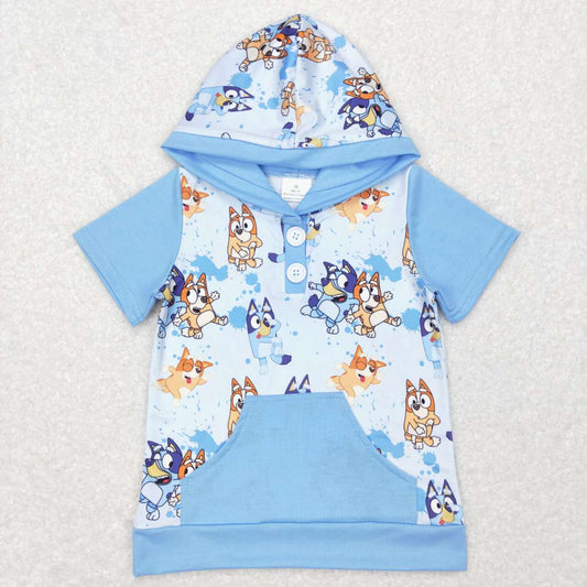 BT0452 Cute Blue Cartoon Dog Print Boys Hoodie Tee Shirt Top