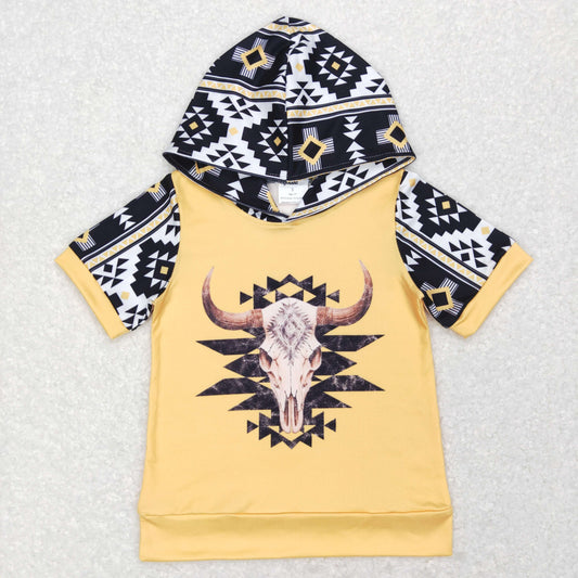 BT0458  Yellow Aztec Print Kids Western Hoodie Tee Shirt Top