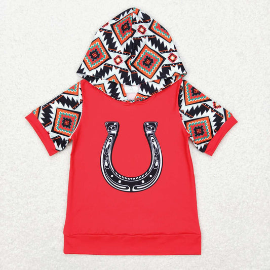 BT0459  Red Aztec Print Kids Western Hoodie Tee Shirt Top