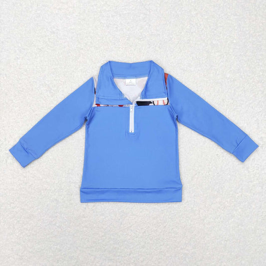 BT0466 Baseball Print Boys Zipper Pullover Tee Shirt Top