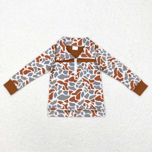 BT0468 Brown Camo Print Boys Zipper Pullover Tee Shirt Top