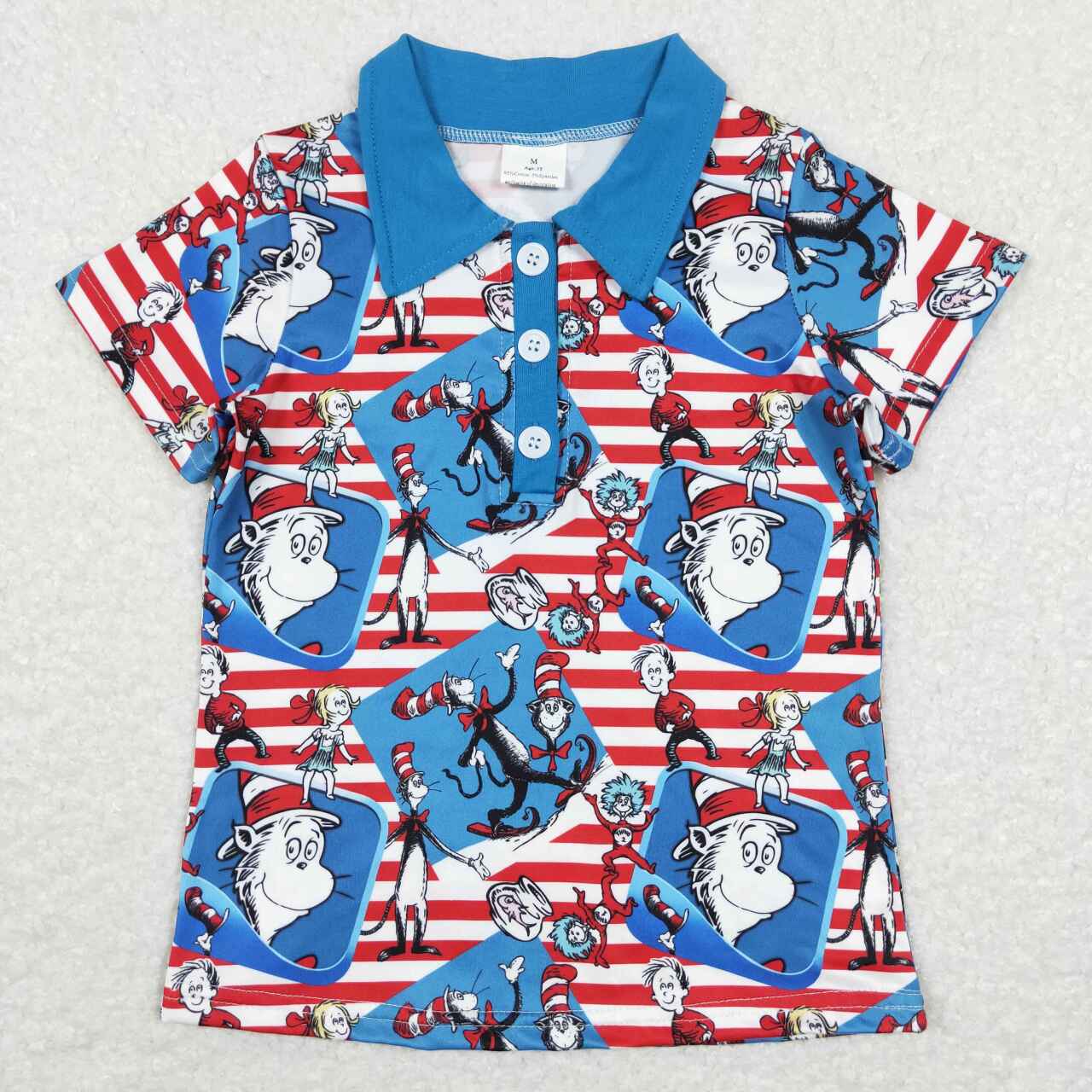 BT0483 Blue Dr. Reading Cat Print Boys Polo Tee Shirts Top