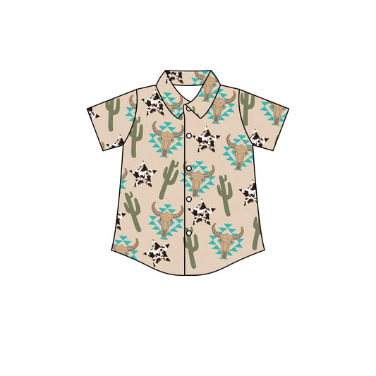 (Pre-order)BT0489 Cow Skull Aztec Star Cactus Print Boys Buttons Tee Shirts Top