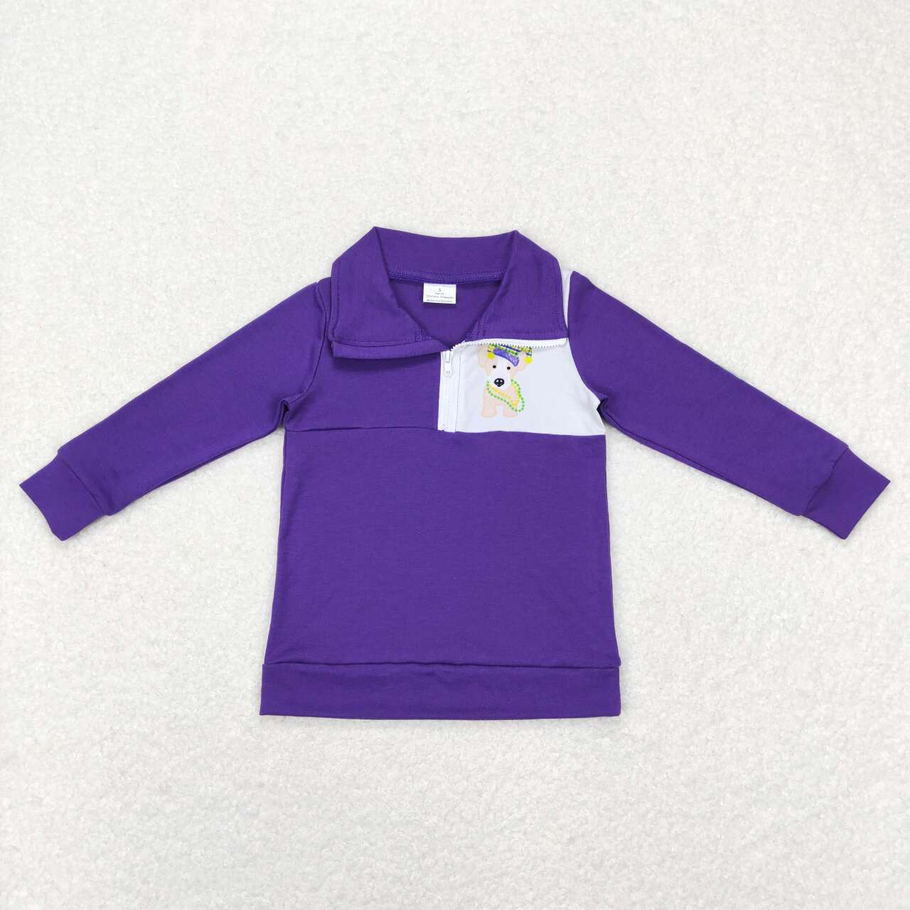 BT0492 Purple Mardi Gras Dog Print Boys Pullover Zipper Tee Shirt Top