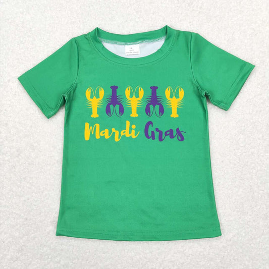 BT0501 Green Crayfish Print Kids Mardi Gras Tee Shirts Top