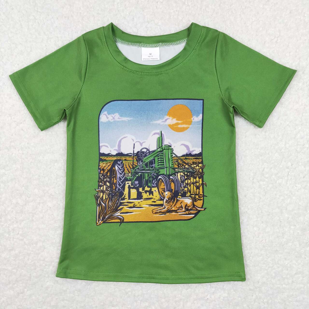 BT0503 Tractors Dog Print Kids Green Farm Tee Shirts Top