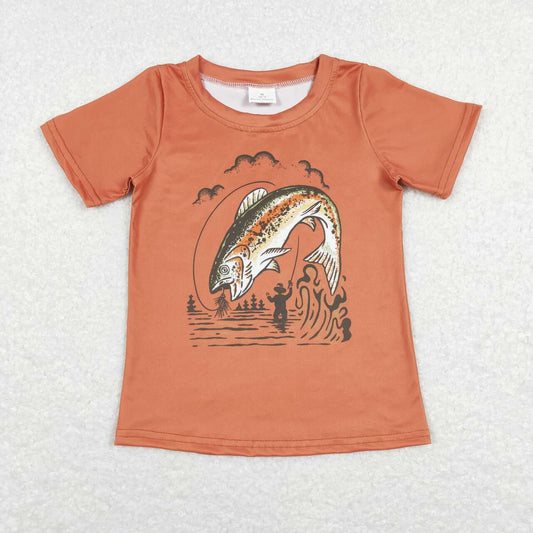 BT0507 Fishing Print Orange Boys Tee Shirts Top