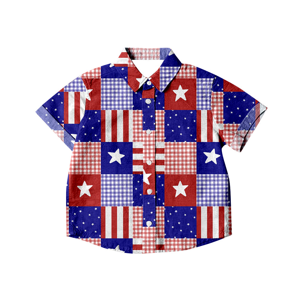 (Pre-order)BT0512 Red Blue Star Stripes Plaid Print Boys 4th of July Tee Shirts Top