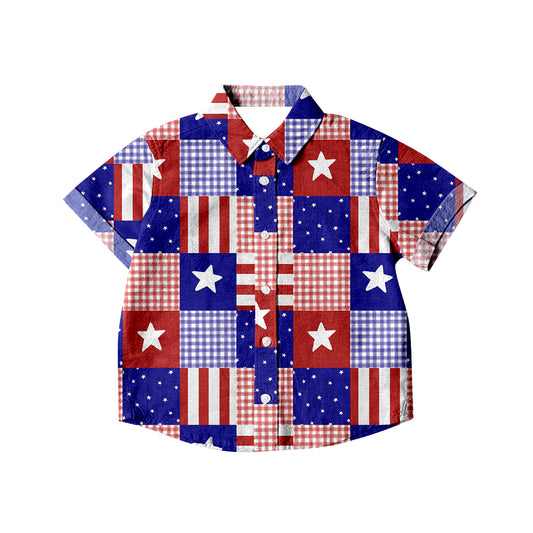(Pre-order)BT0512 Red Blue Star Stripes Plaid Print Boys 4th of July Tee Shirts Top