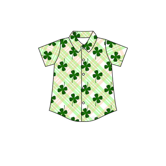 (Pre-order)BT0527 Green Quatrefoil Plaid Print Boys St. Patrick's Tee Shirts Top