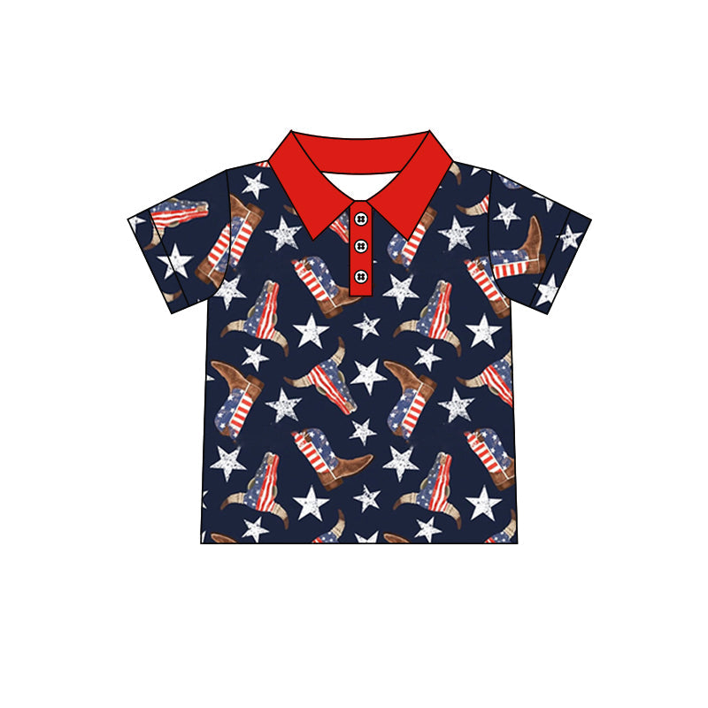 (Pre-order)BT0535 Cow Skull Star Boots Boys 4th of July Polo Tee Shirts Top