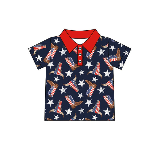 (Pre-order)BT0535 Cow Skull Star Boots Boys 4th of July Polo Tee Shirts Top