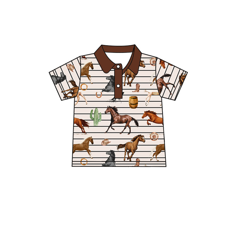 (Pre-order)BT0537 Brown Horse Print Boys Western Polo Tee Shirts Top