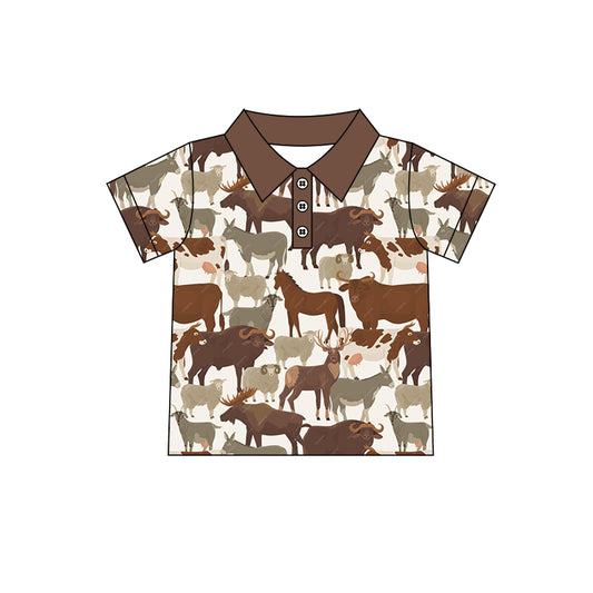 (Pre-order)BT0548 Brown Animals Print Boys Polo Tee Shirts Top