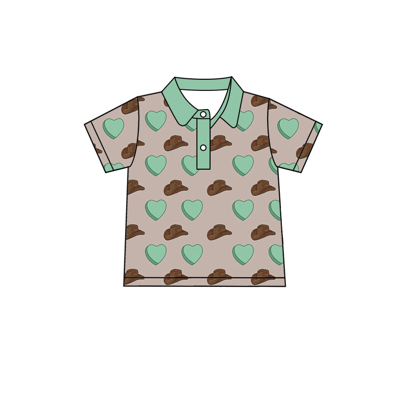 (Pre-order)BT0557 Green Heart Hat Print Boys Polo Tee Shirts Top