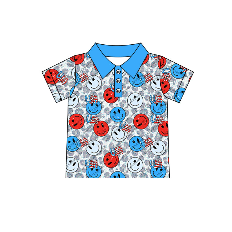 (Pre-order)BT0561 USA Smiling Face Print Boys 4th of July Polo Tee Shirts Top